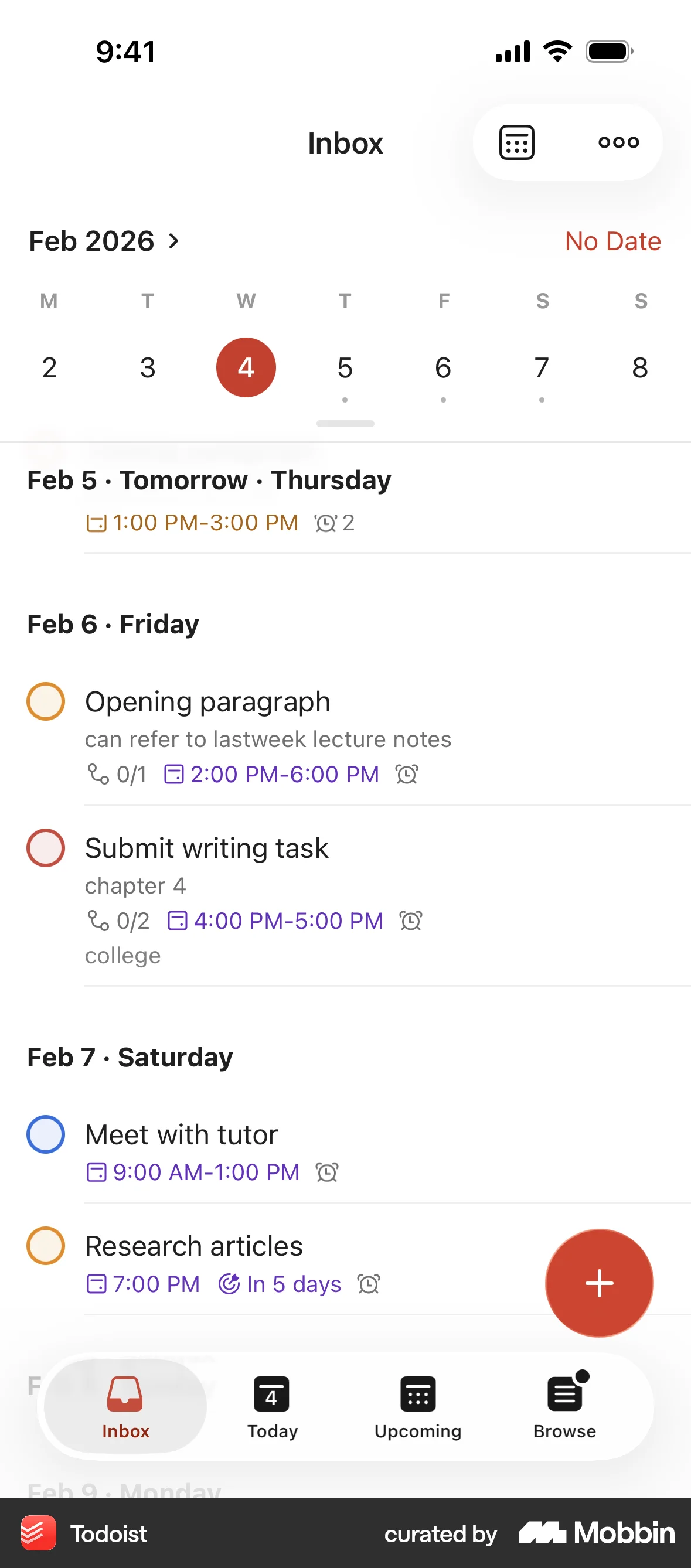 Todoist iOS Calendar screen
