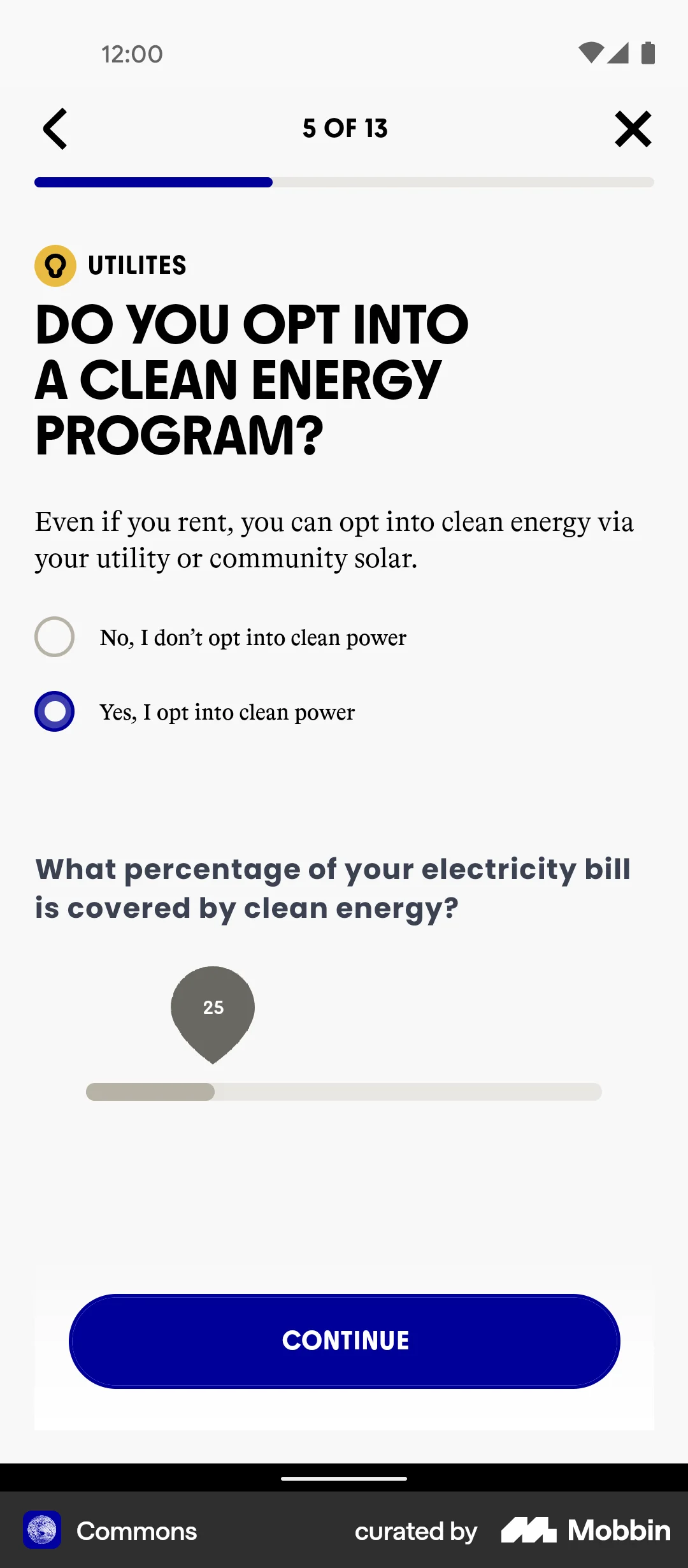 Commons Android screen containing Radio Button UI element