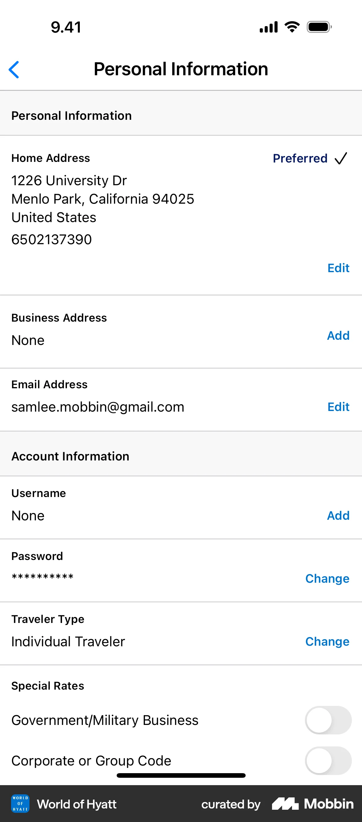 World of Hyatt iOS Location & Address screen