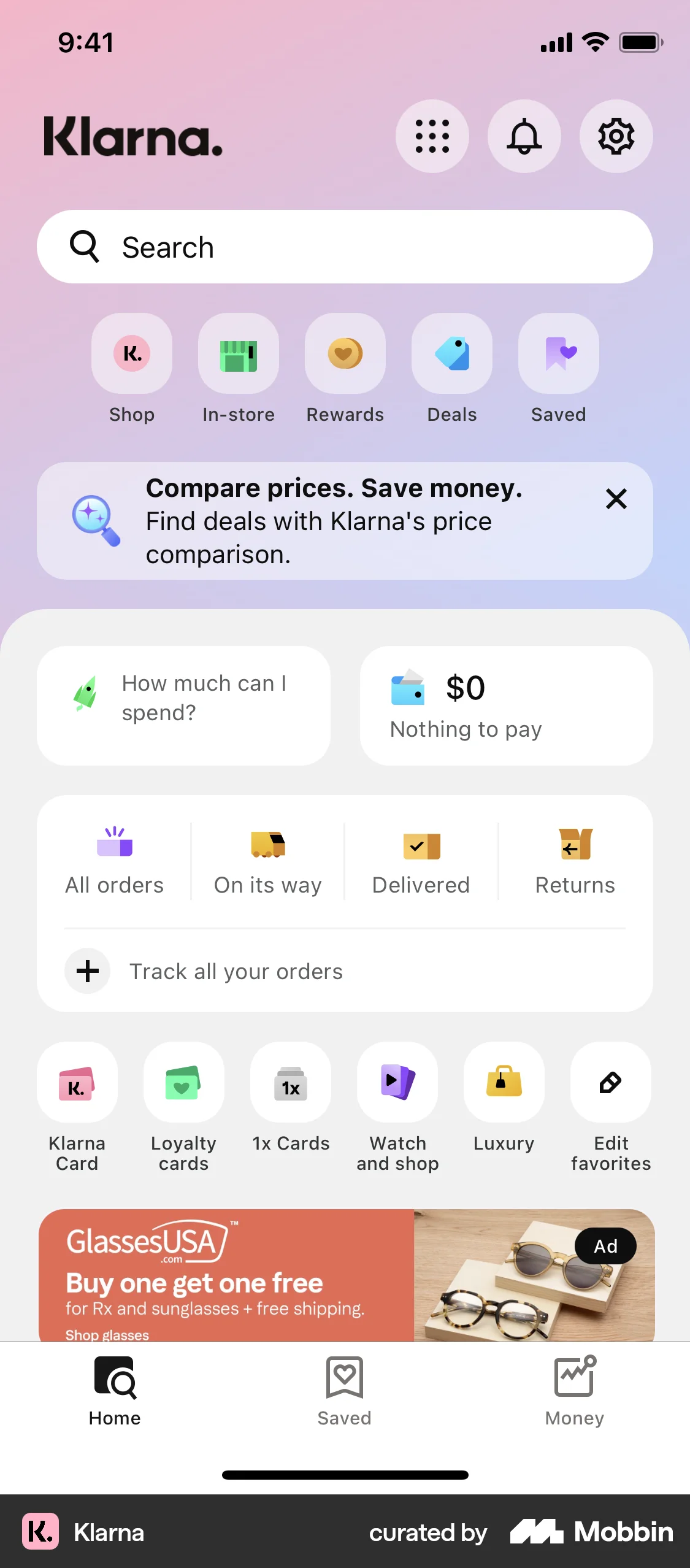 Klarna iOS Home screen