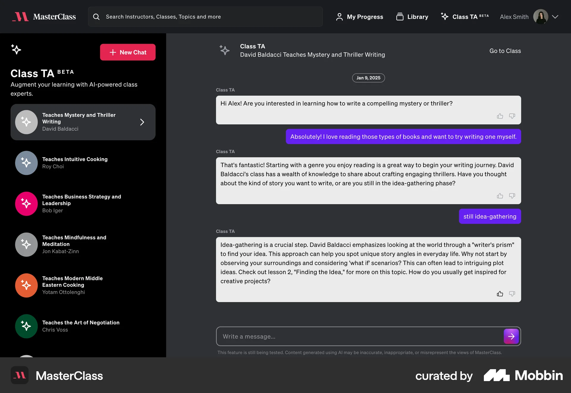 MasterClass Web Feedback screen