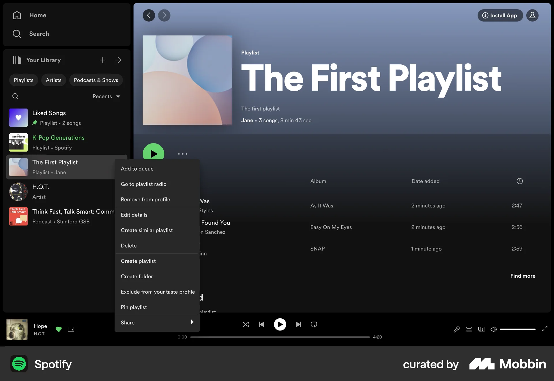 Spotify Web screen containing Context Menu UI element