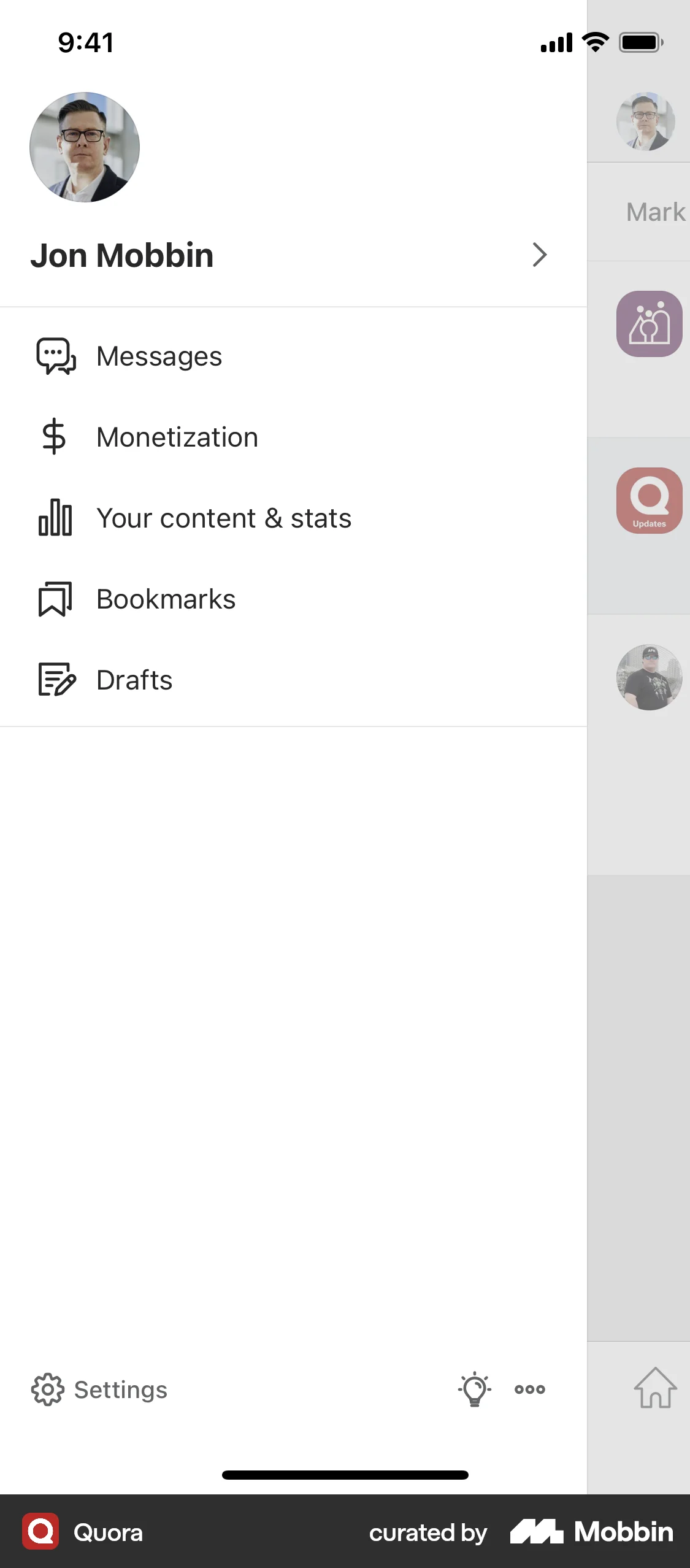 Quora iOS screen containing Side Navigation UI element