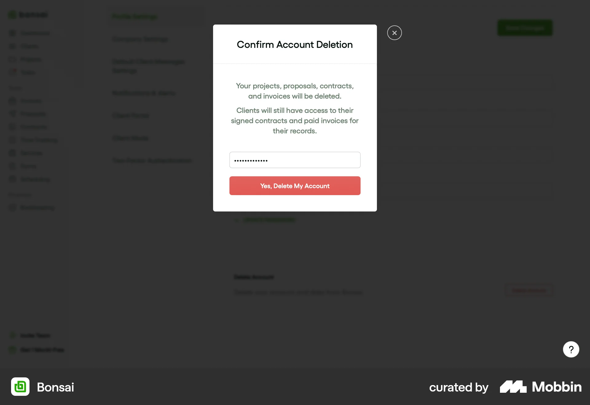 Bonsai Web Delete & Deactivate Account screen