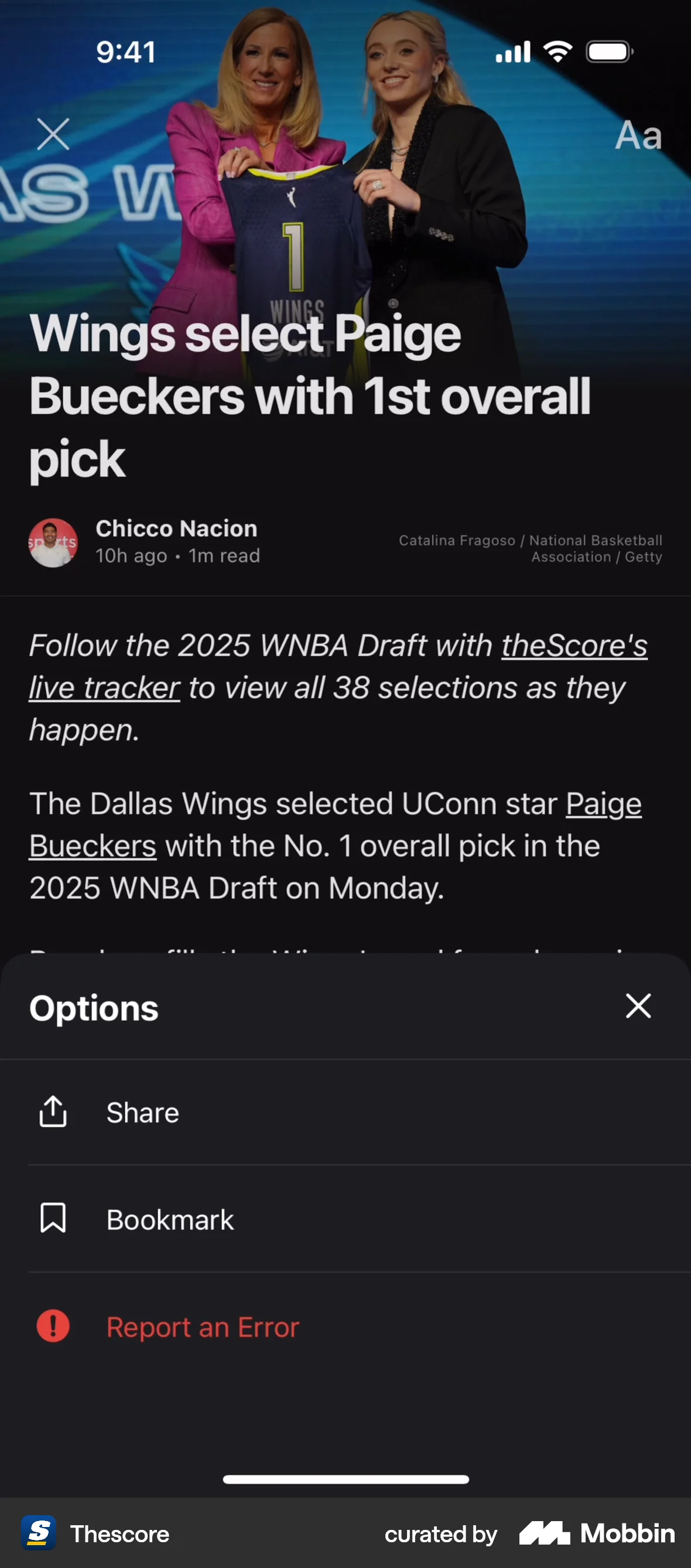 theScore iOS Action Option screen