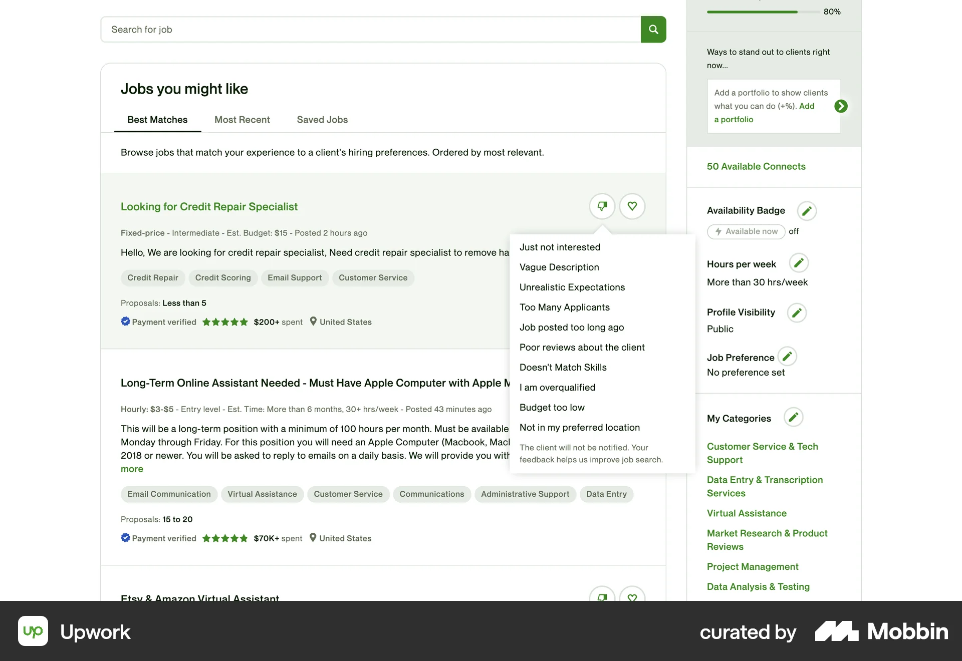 Upwork Web Flag & Report screen