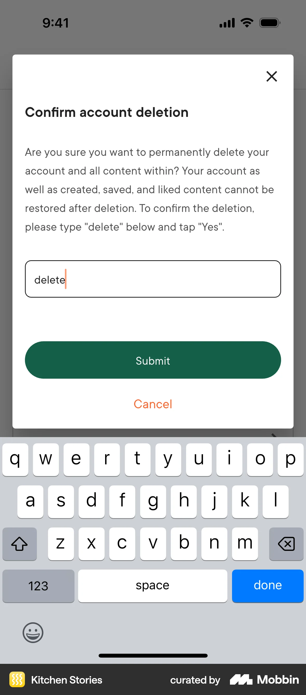 Kitchen Stories iOS Delete & Deactivate Account screen