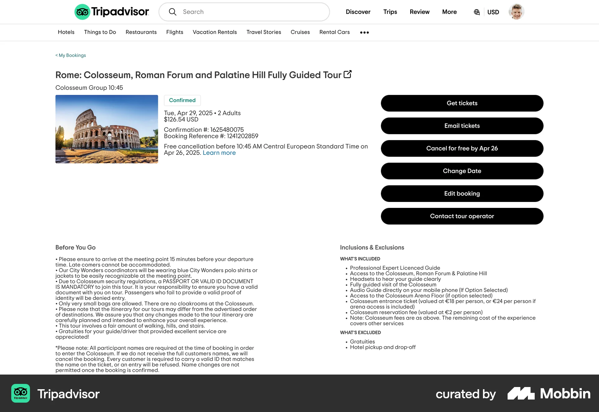 Tripadvisor Web Order Detail screen