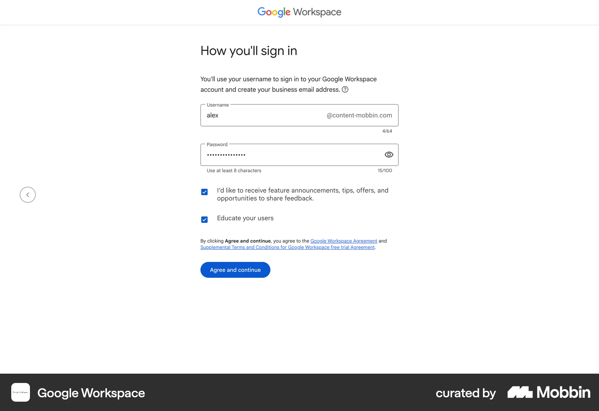 Google Workspace Web Signup screen
