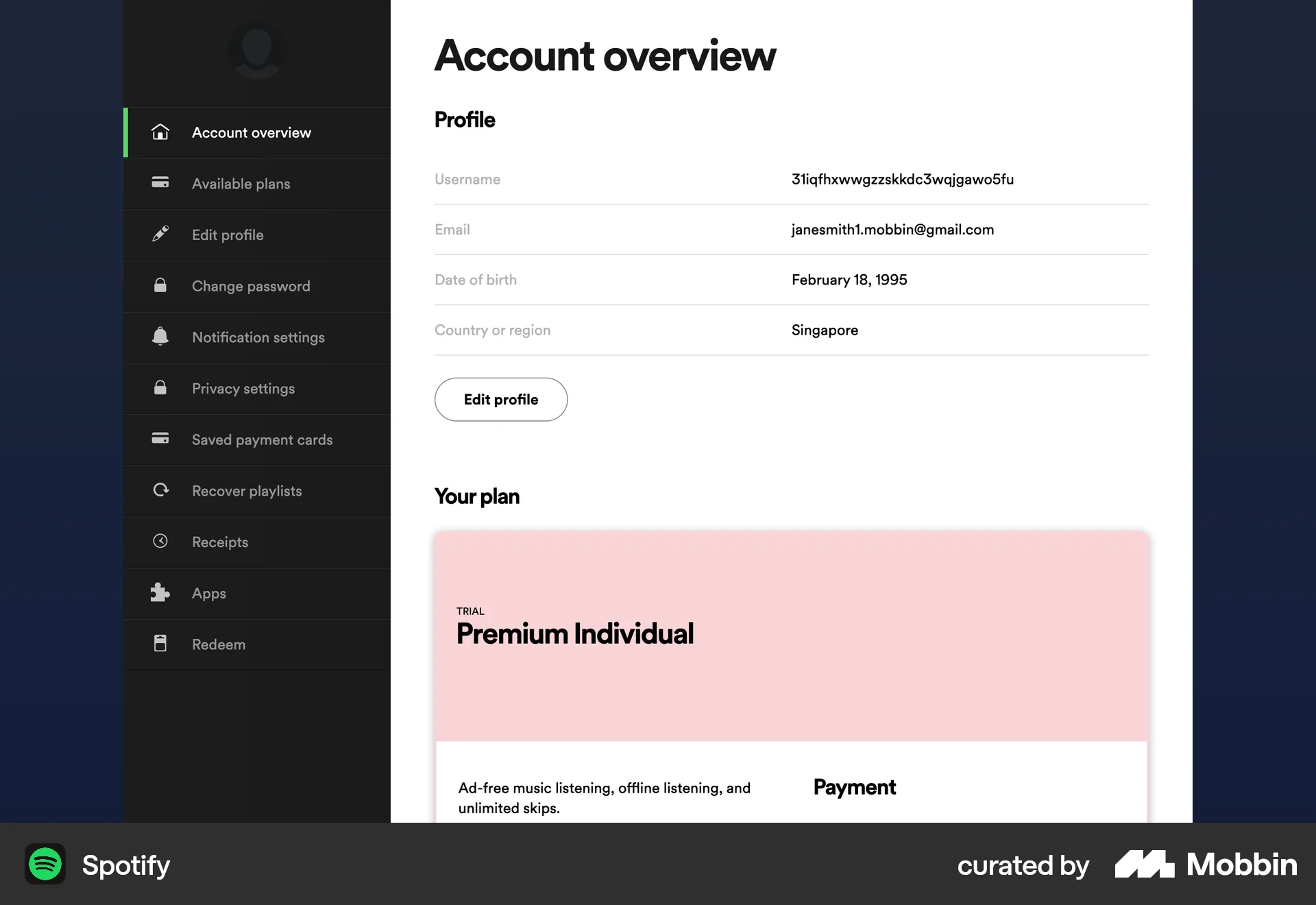 Spotify Web My Account & Profile screen