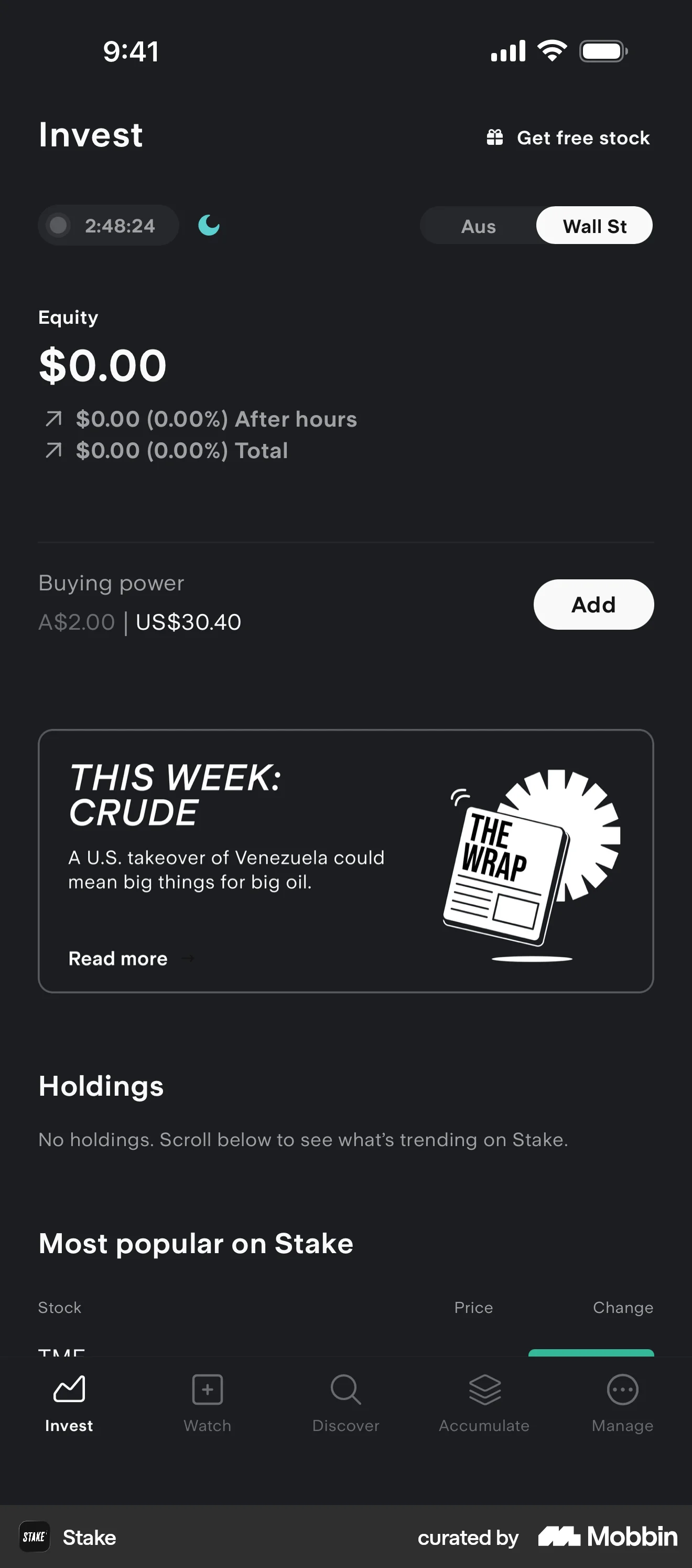 Stake iOS Dark Mode screen