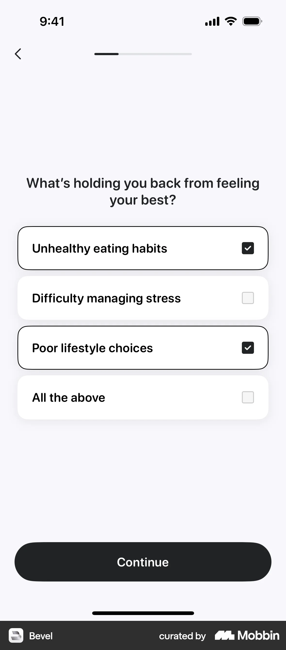 Bevel iOS screen containing Progress Indicator UI element