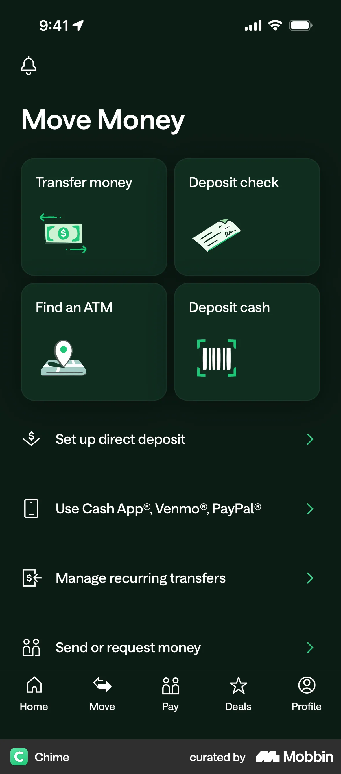 Chime iOS Dark Mode screen