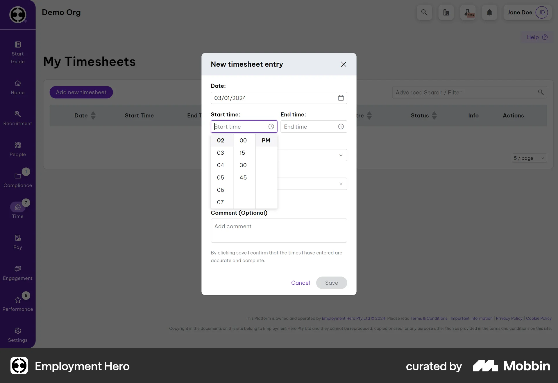 Employment Hero Web screen containing Time Picker UI element