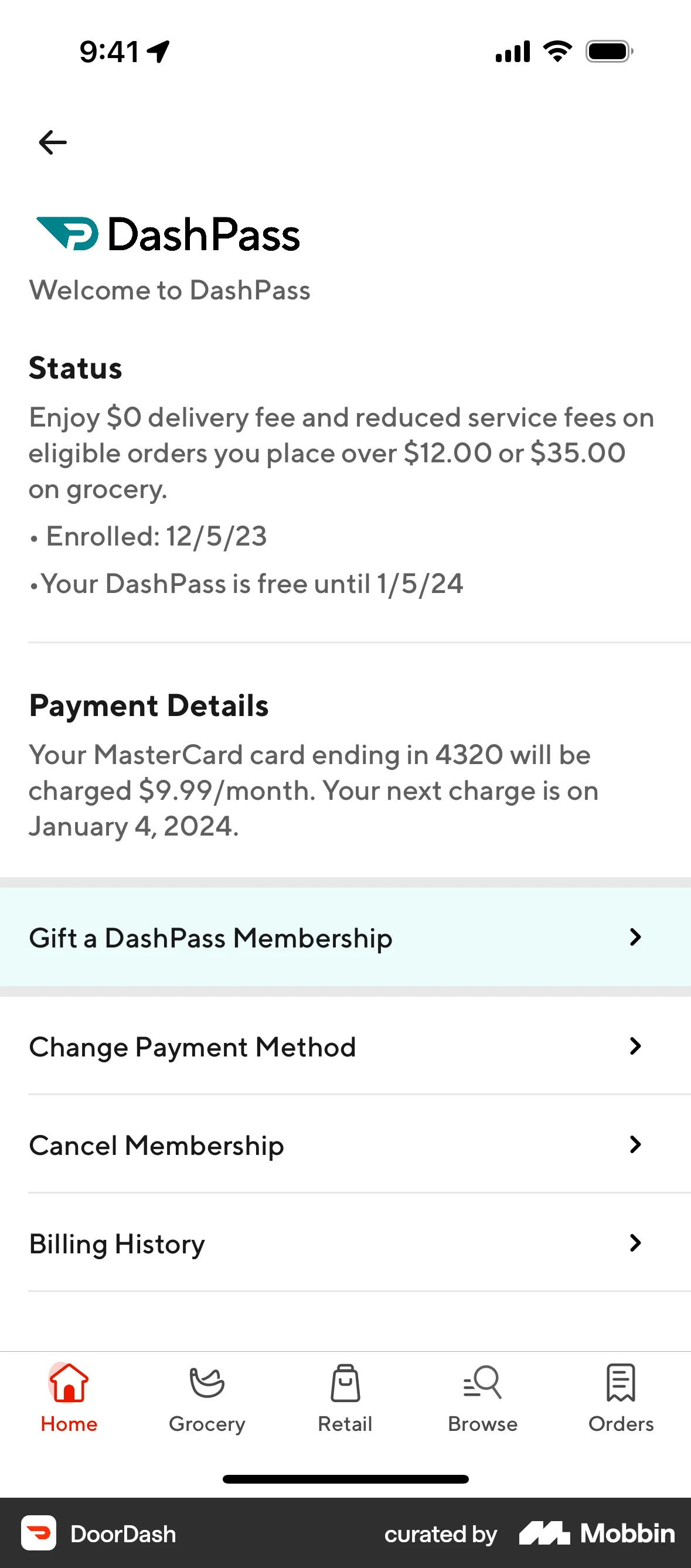 DoorDash iOS Billing screen
