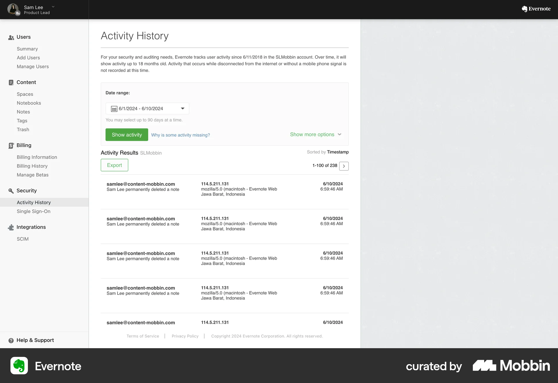 Evernote Web Import & Export screen