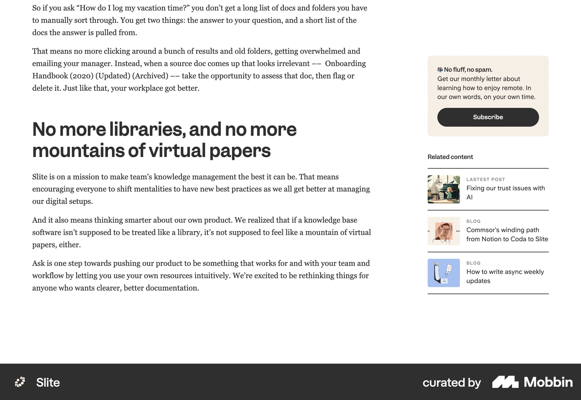 Slite Web Suggestions & Similar Items screen