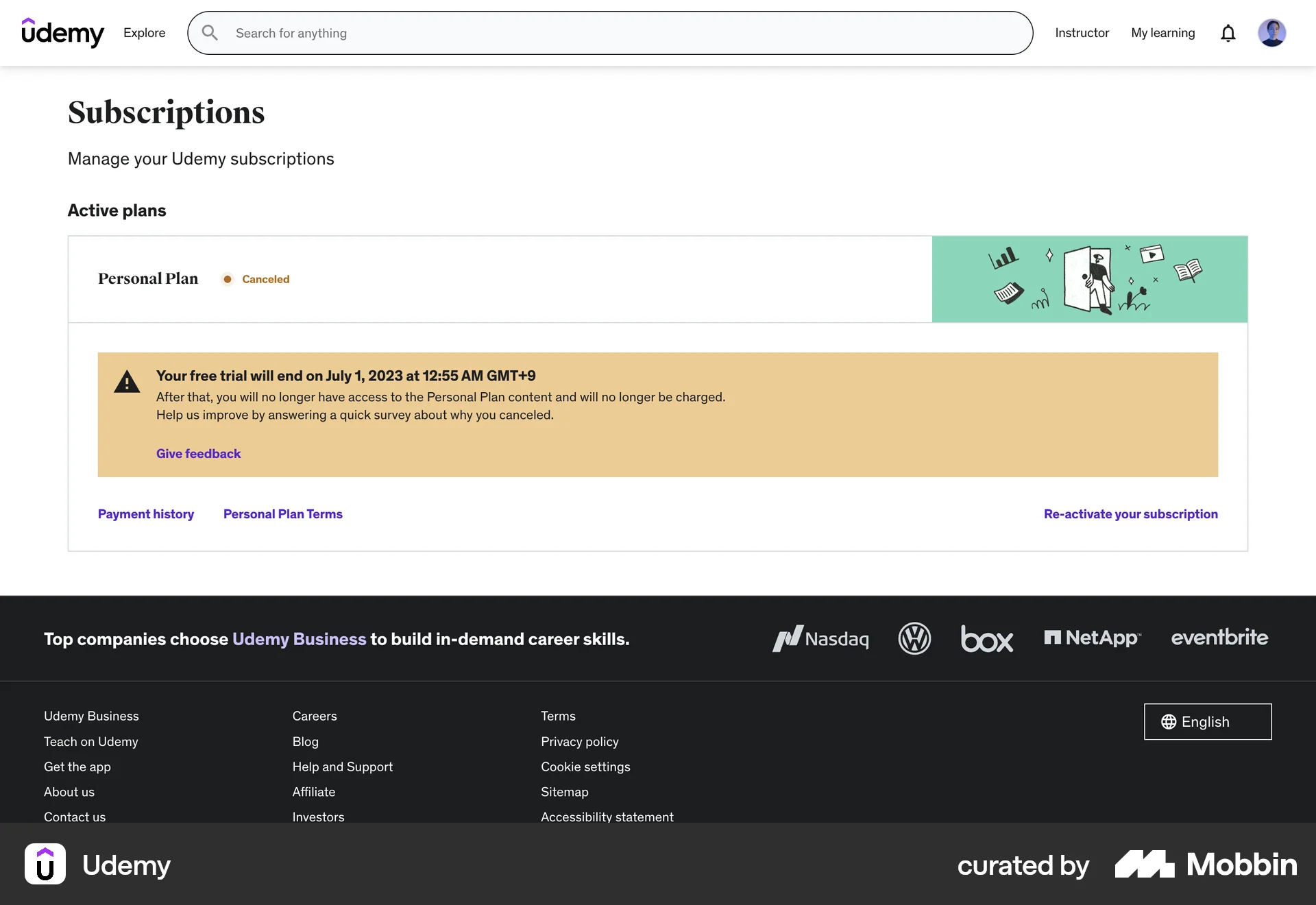 Udemy Web Cancel screen