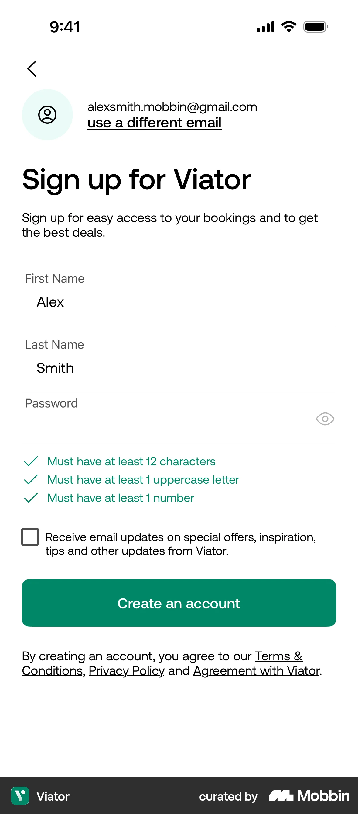 Viator iOS Signup screen