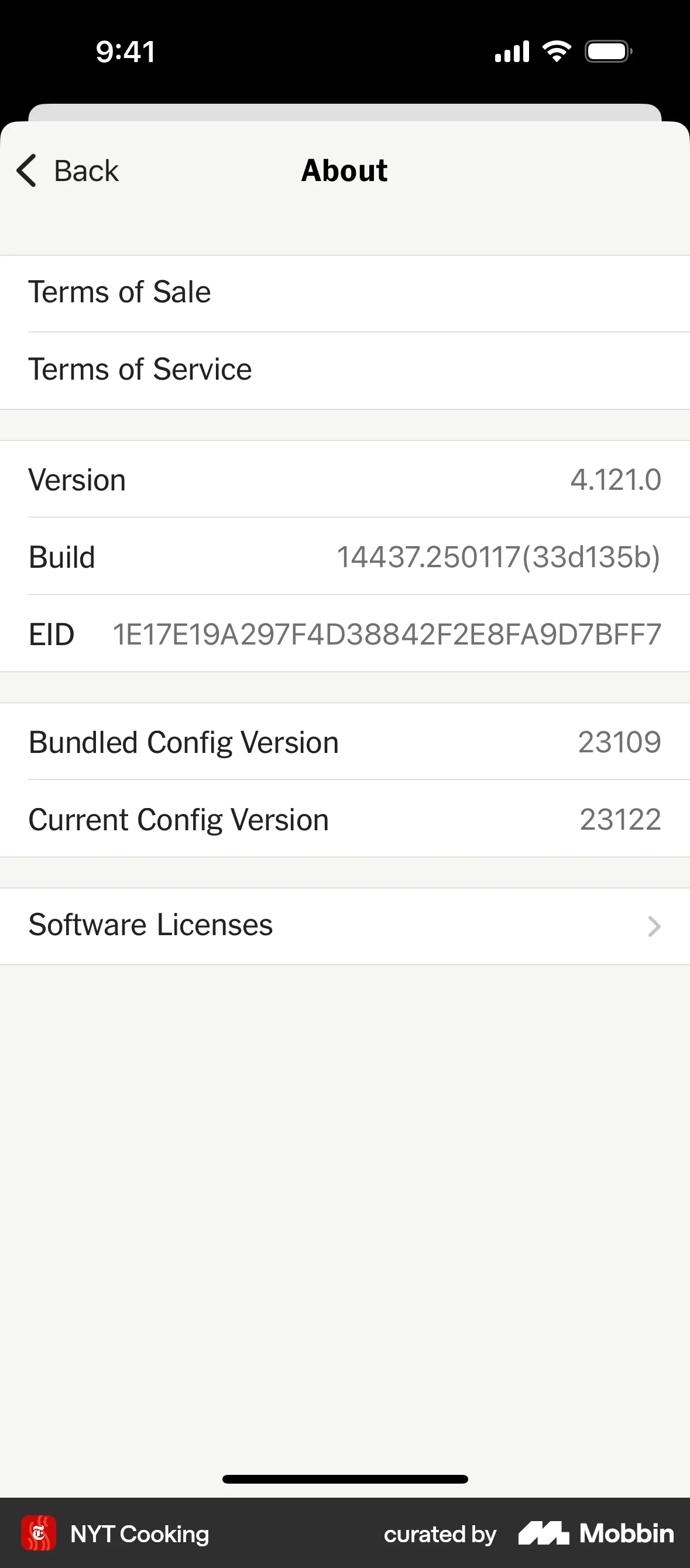 NYT Cooking iOS About screen
