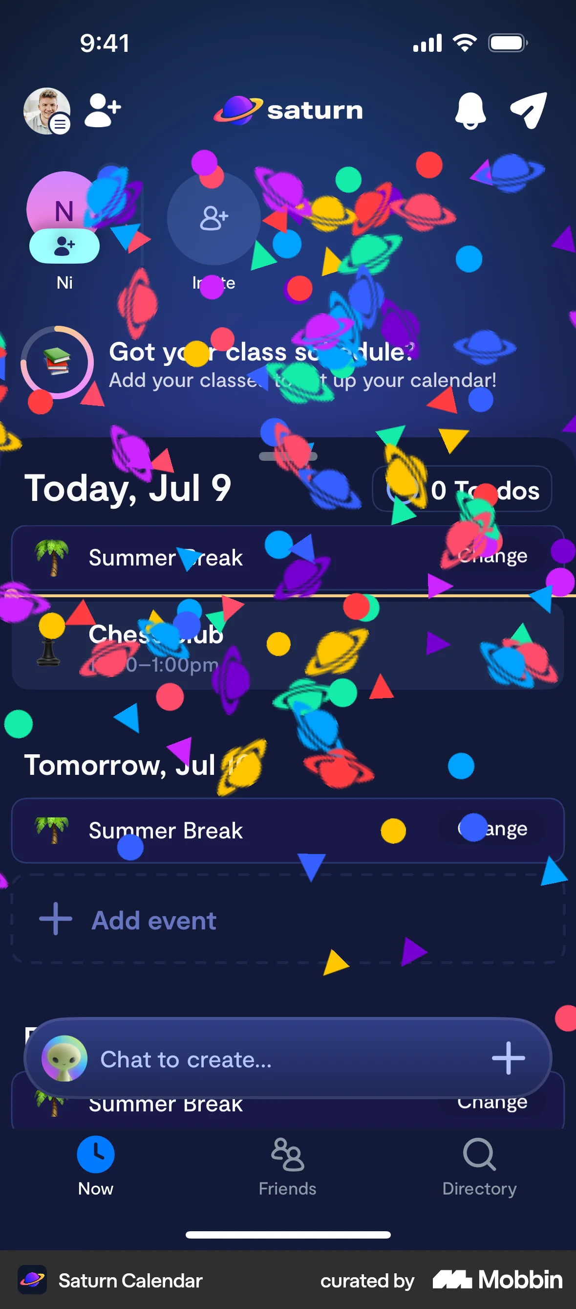Saturn Calendar iOS Confetti screen