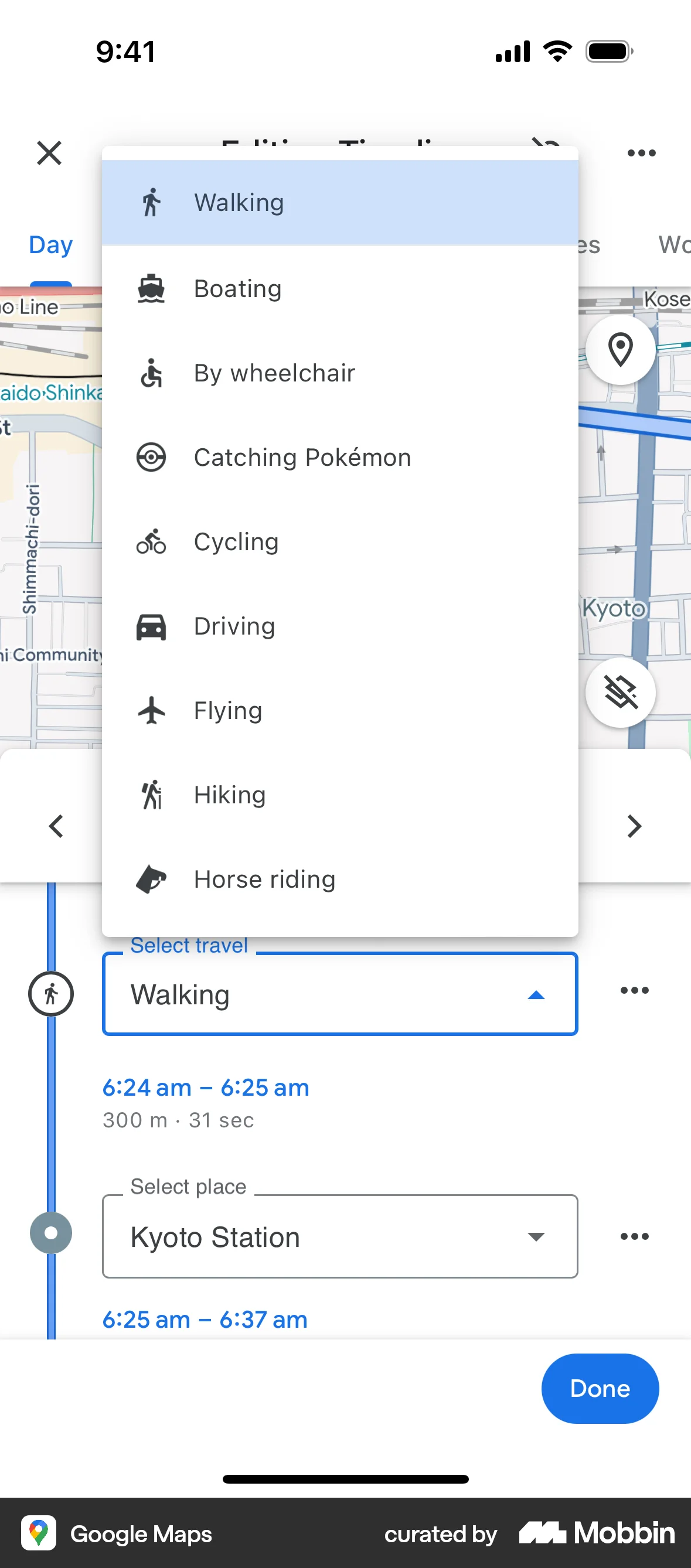 Google Maps iOS screen containing Dropdown Menu UI element
