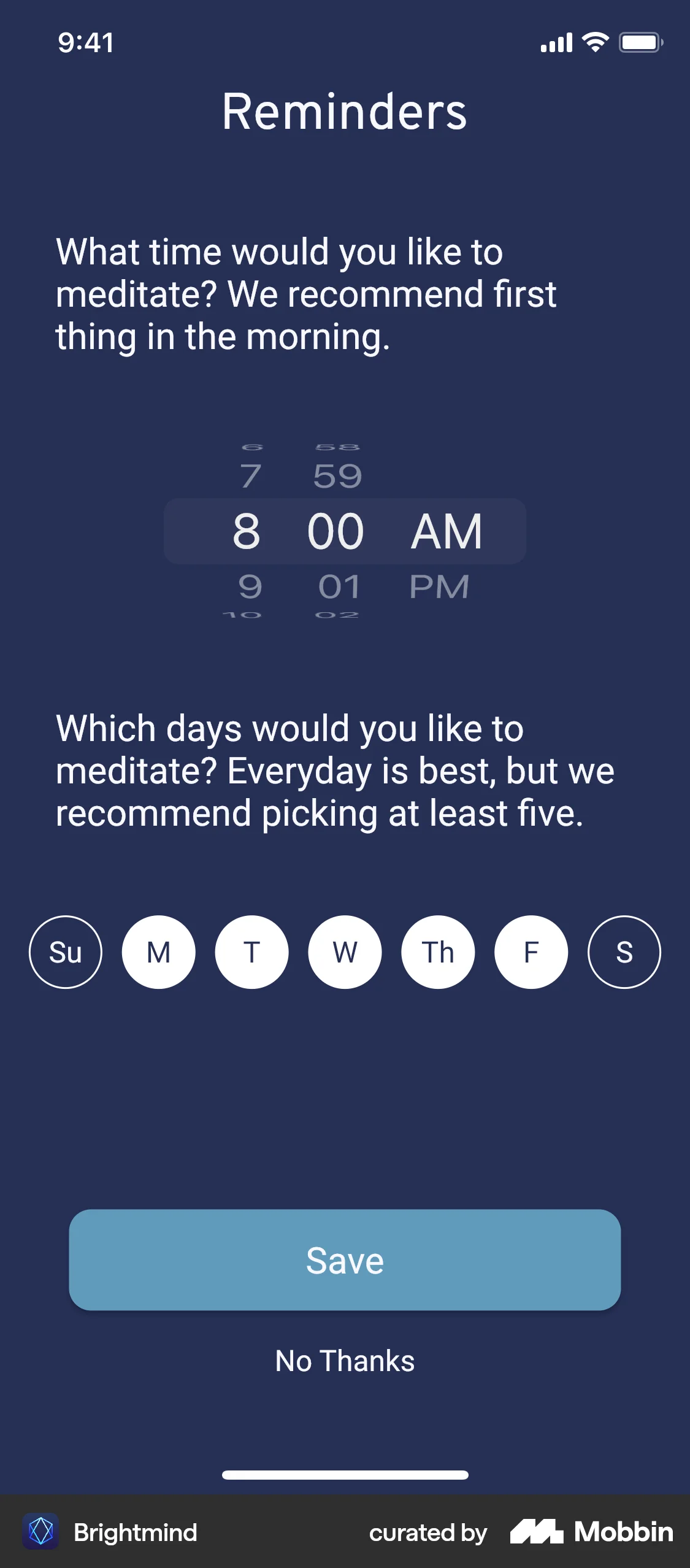 Brightmind iOS Reminder screen