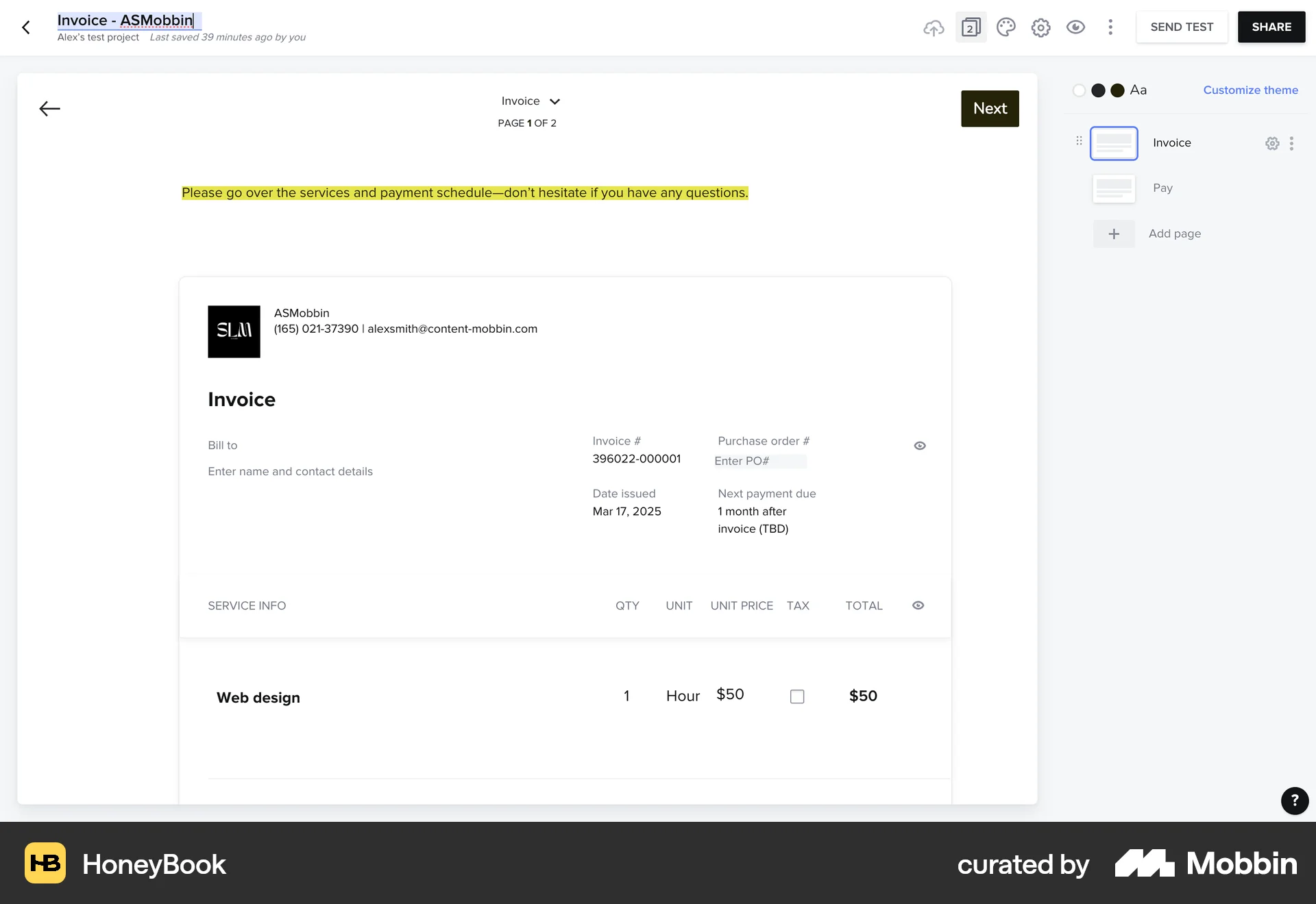 HoneyBook Web screen containing Editable Text UI element