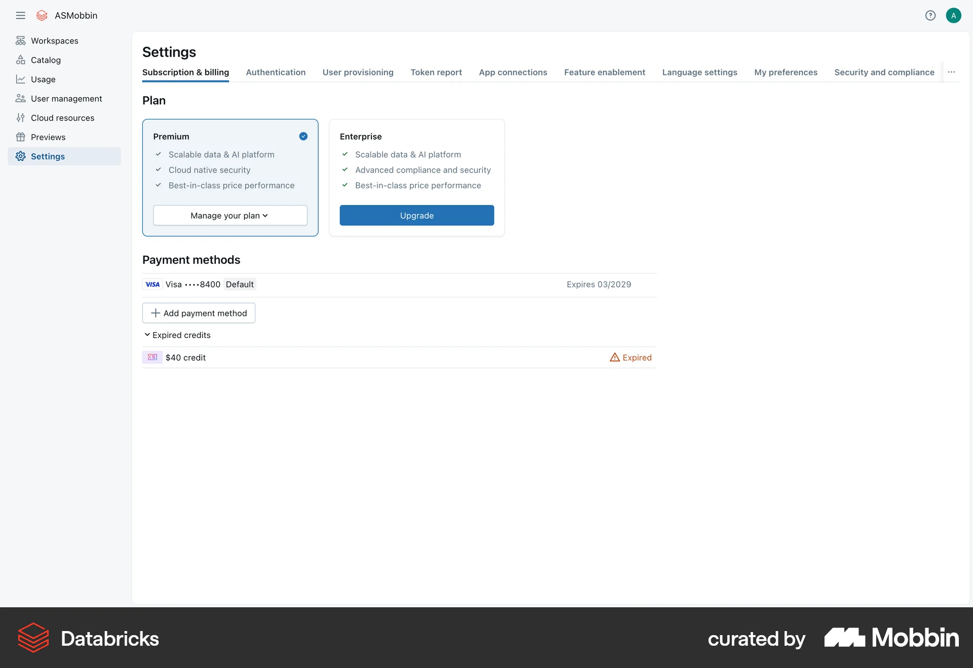 Databricks Web Billing screen