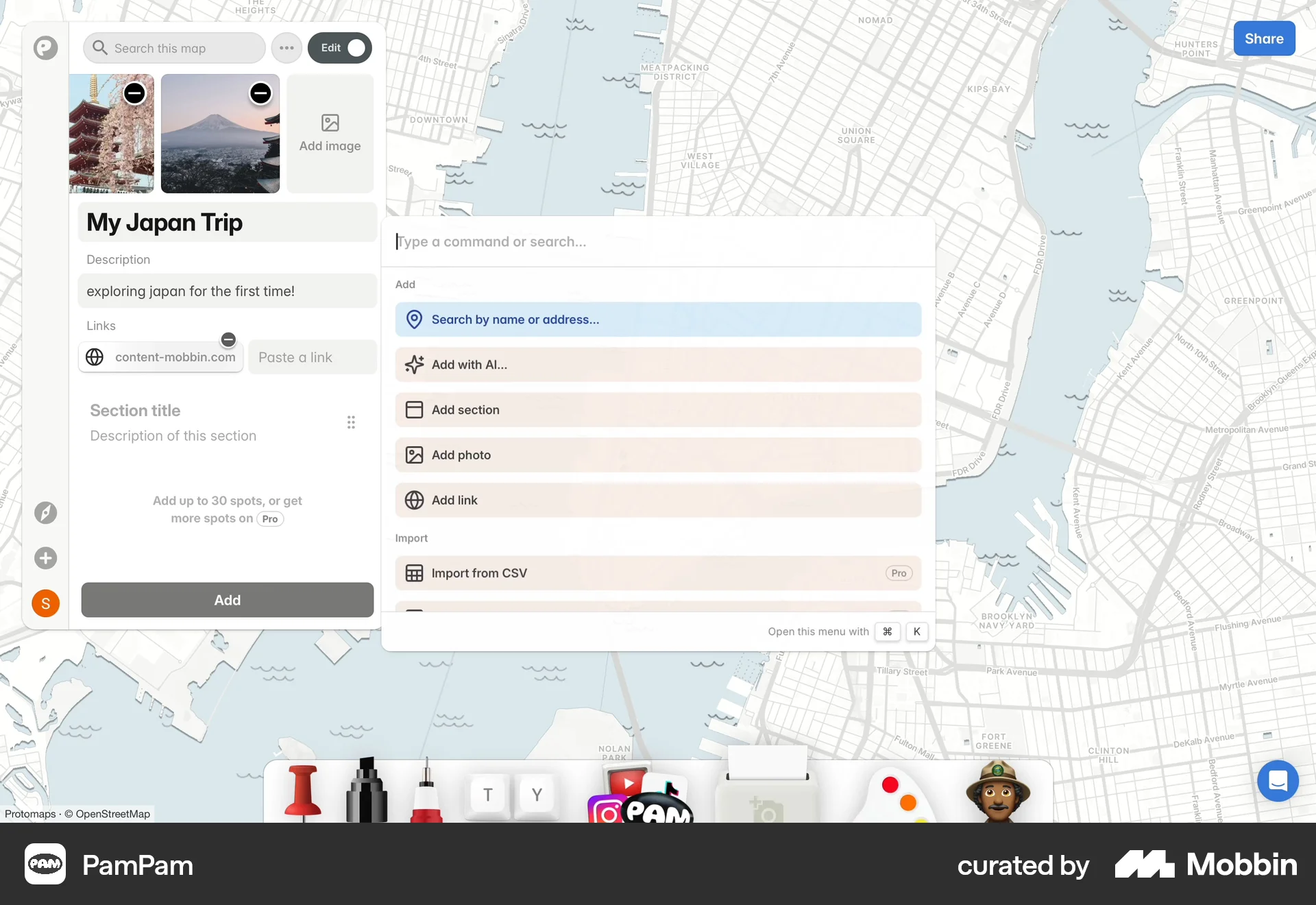 PamPam Web Action Option screen
