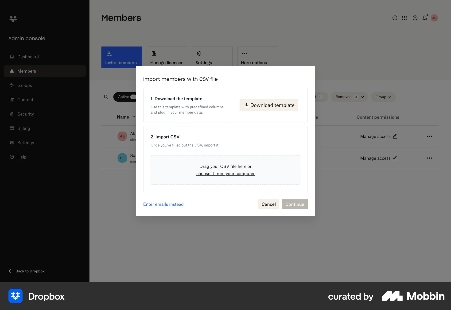 Dropbox Web Import & Export screen