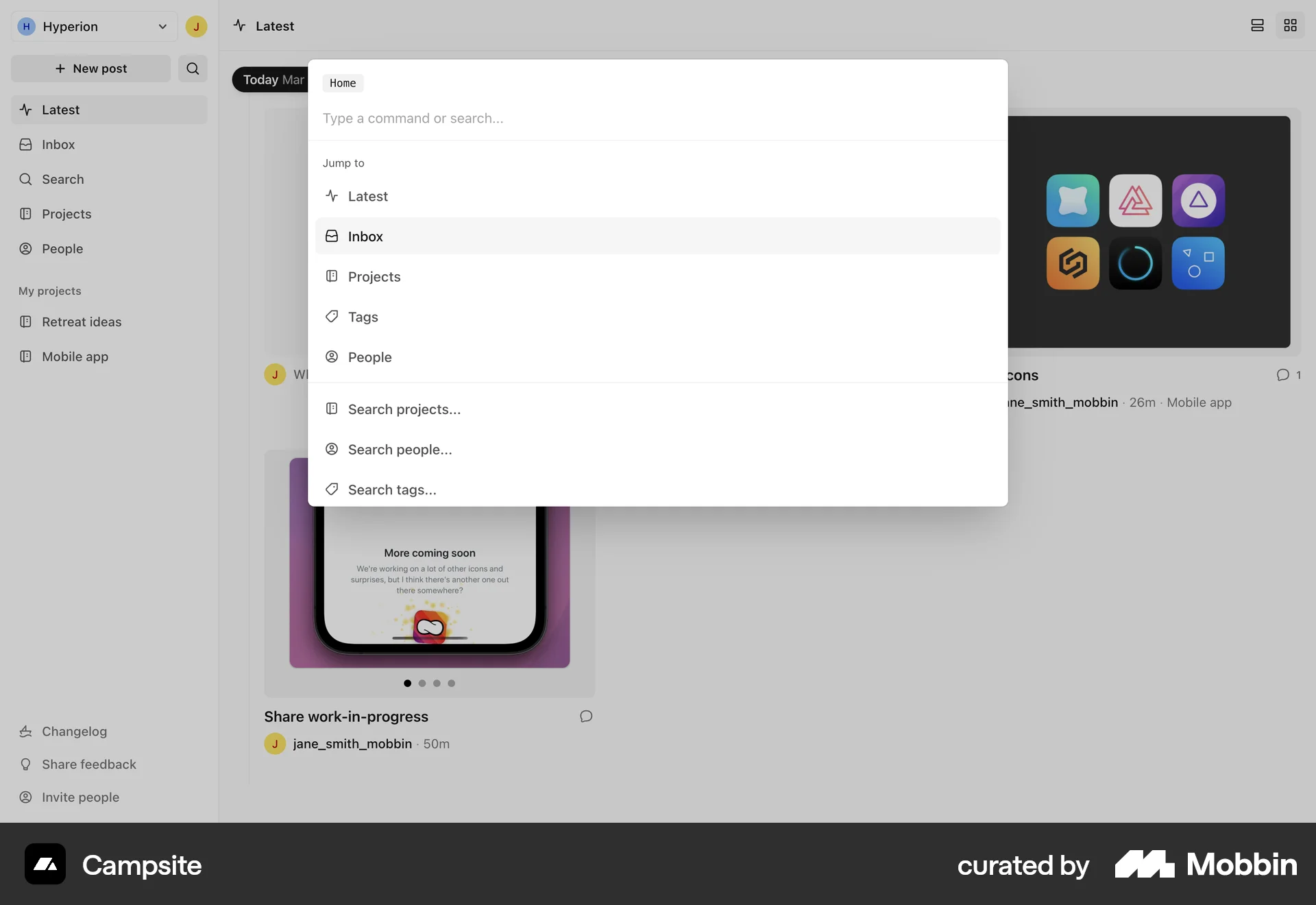 Campsite Web Command Palette screen