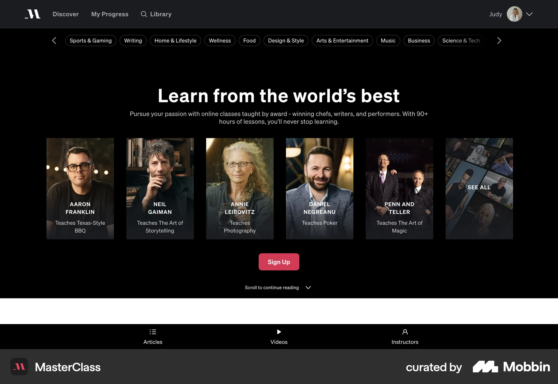 MasterClass Web Browse & Discover screen