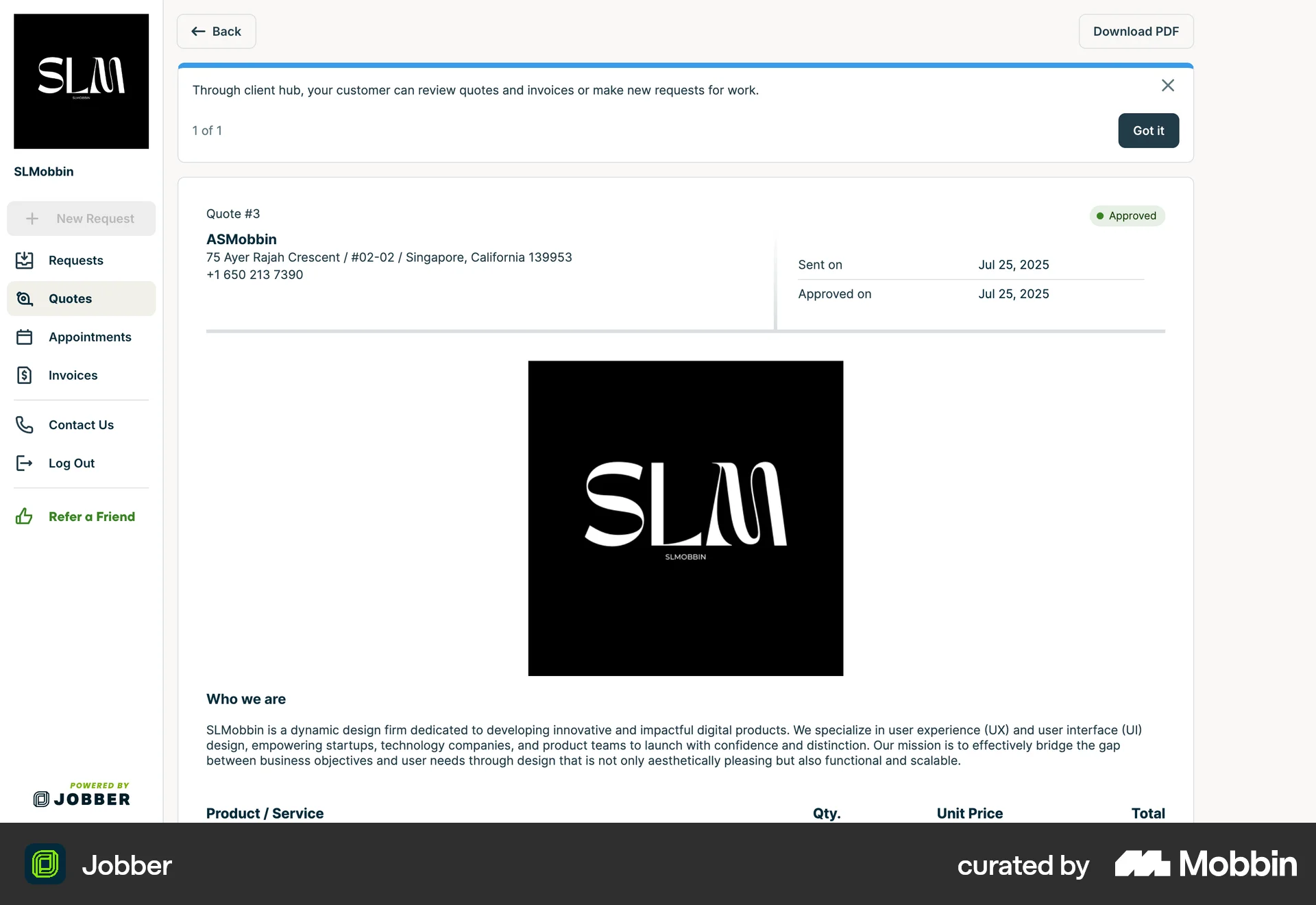 Jobber Web Other Content screen