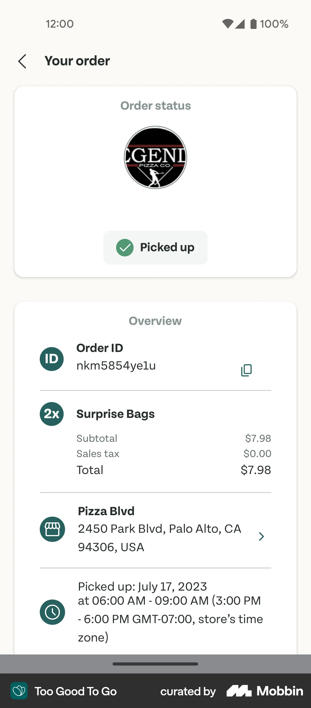 Too Good To Go Android Order Detail screen