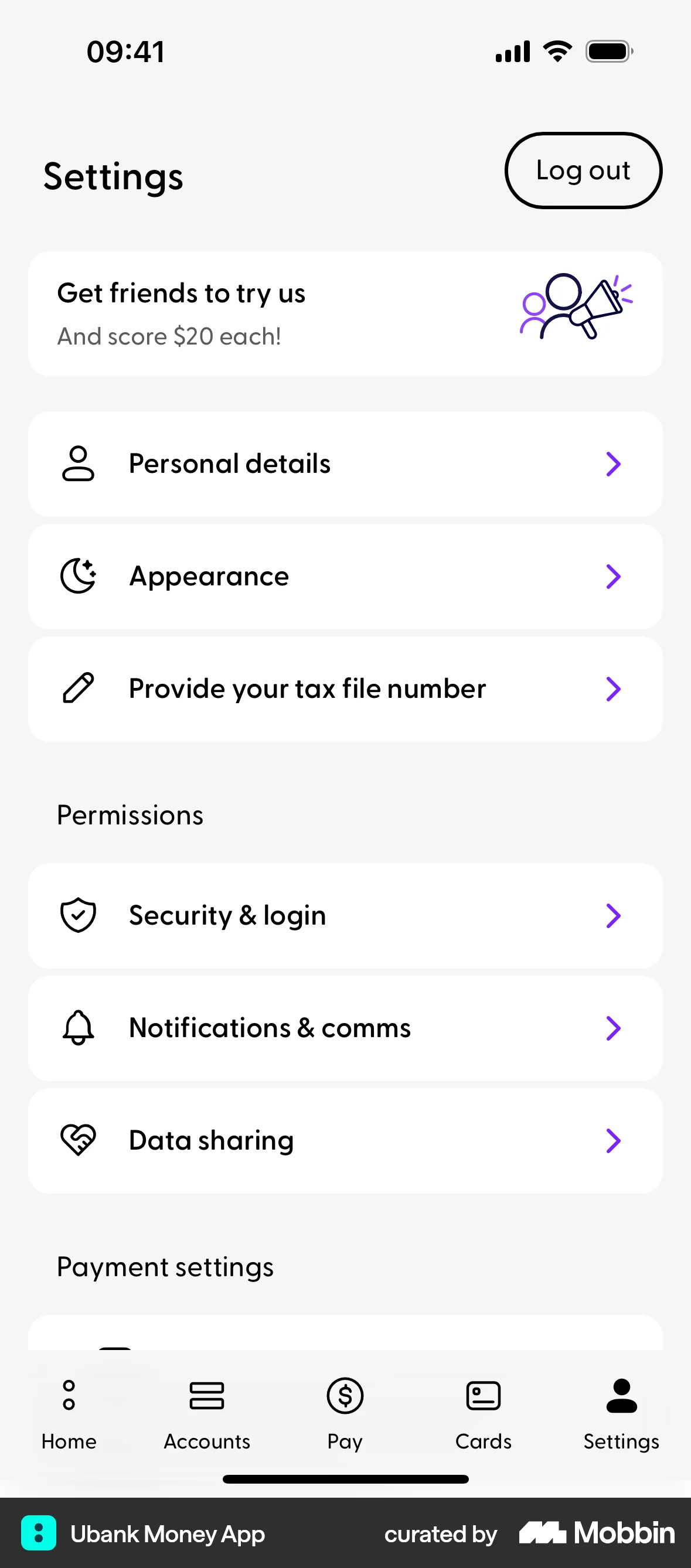 Ubank Money App screen