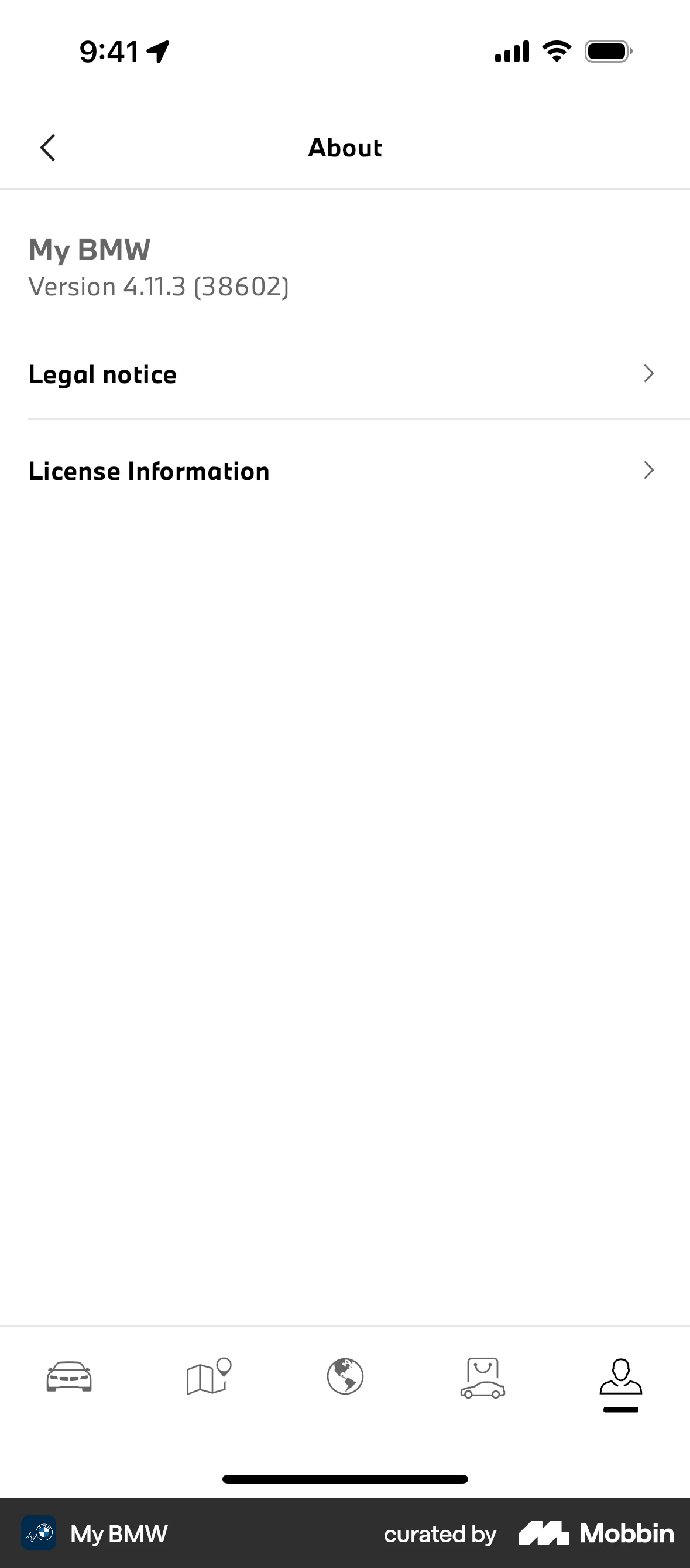My BMW iOS About screen