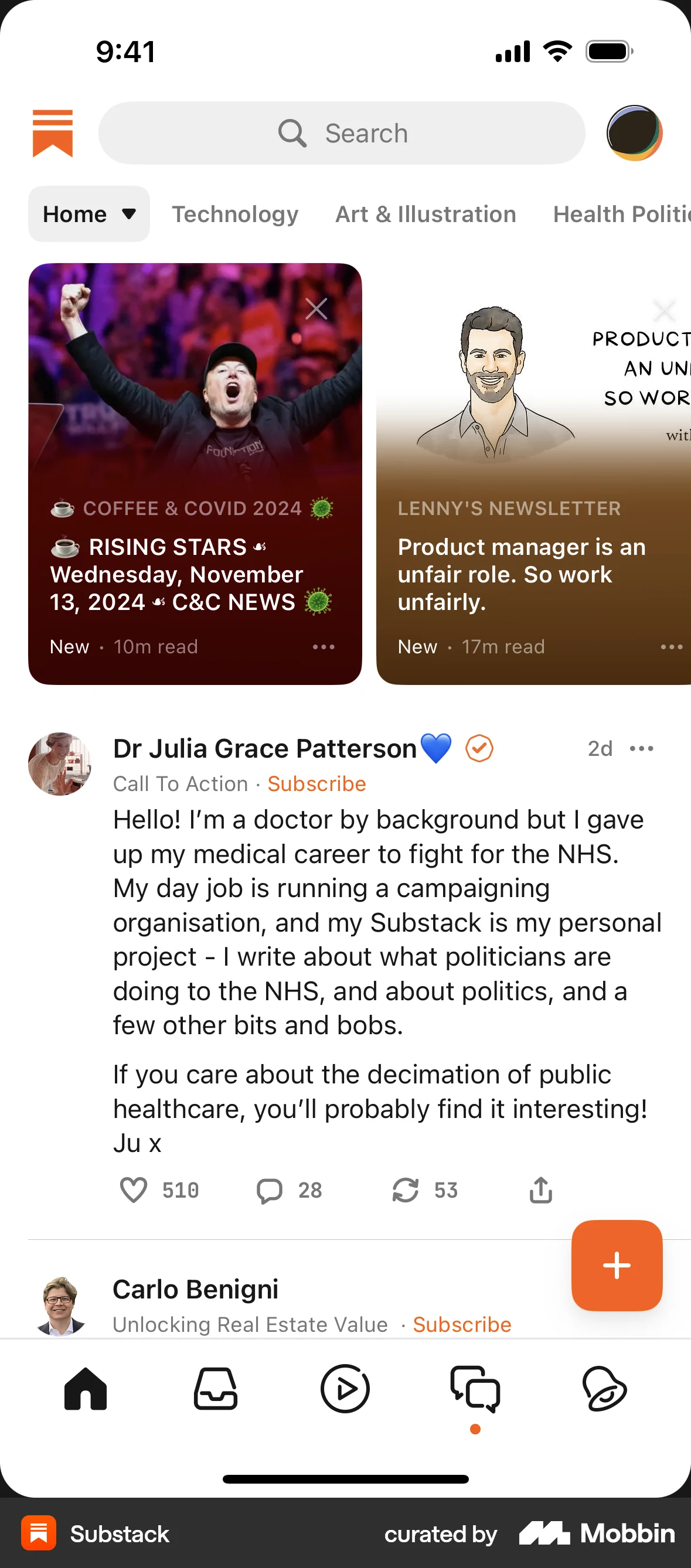 Substack iOS screen containing Tab UI element
