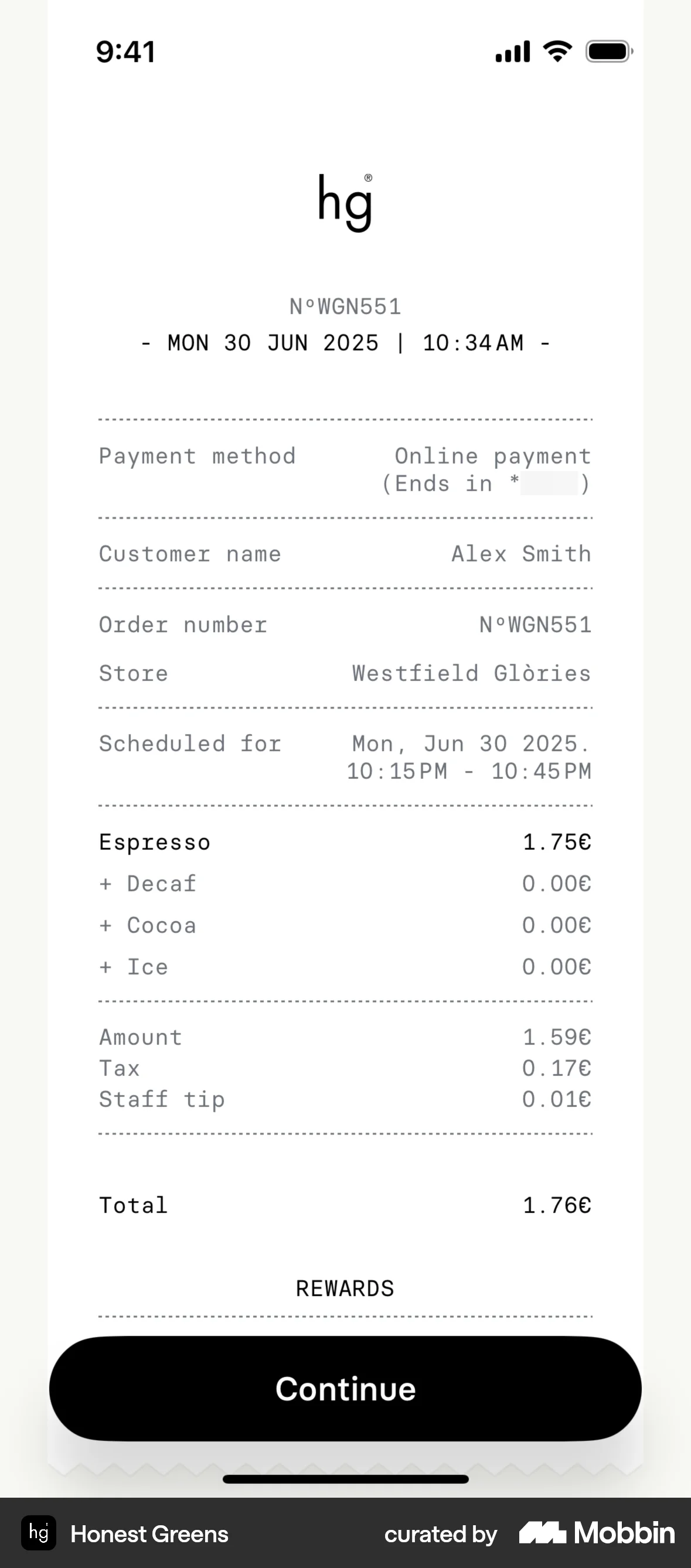 Honest Greens iOS Order Confirmation screen