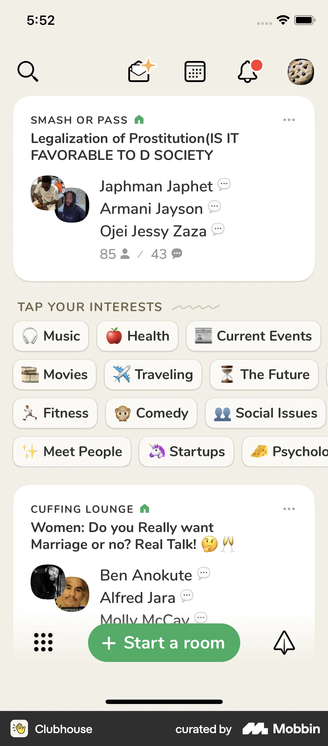 Clubhouse iOS Follow & Subscribe screen