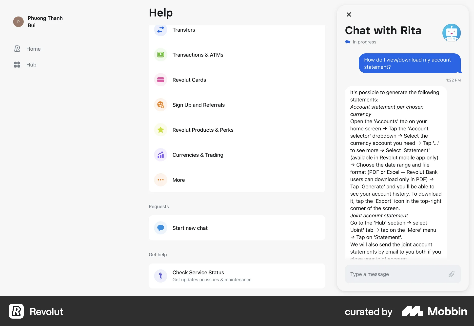 Revolut Web Chat Bot screen