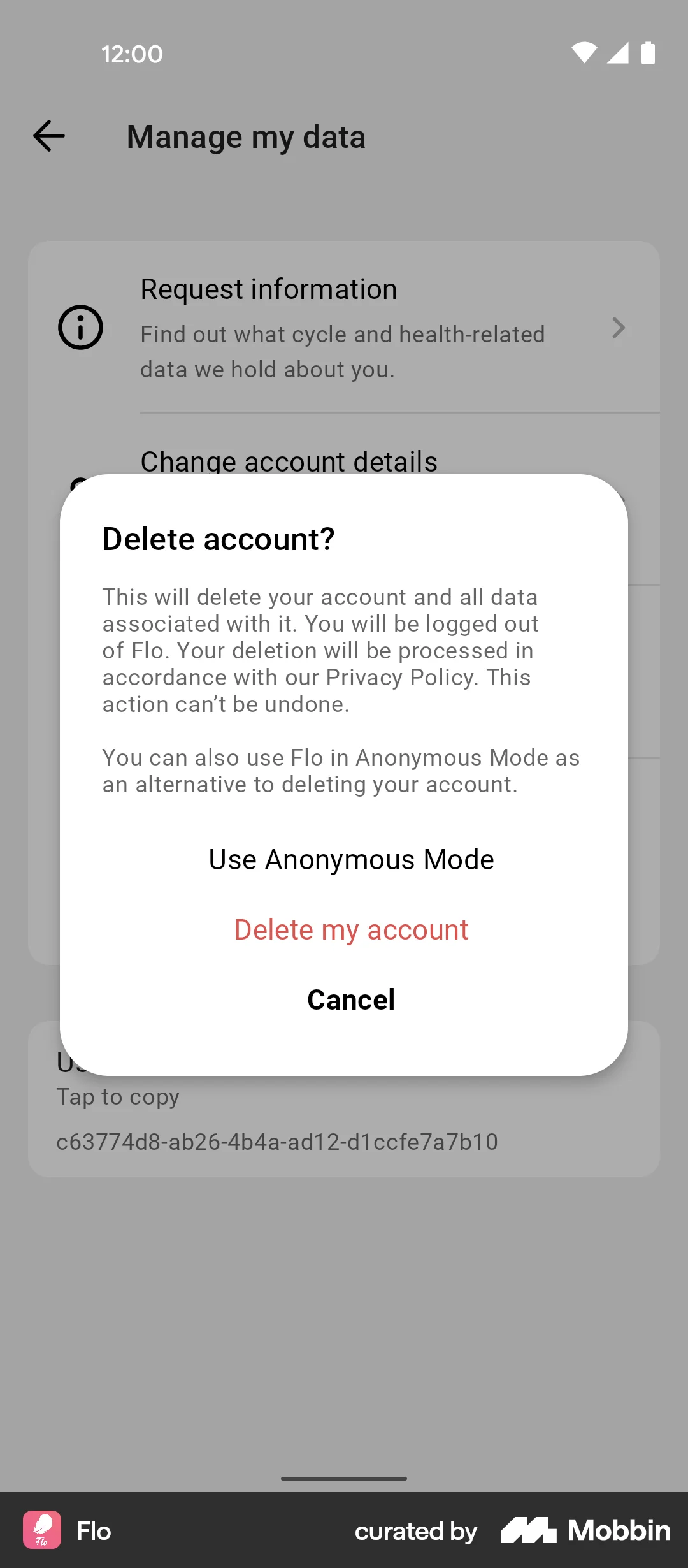 Flo Android Delete & Deactivate Account screen