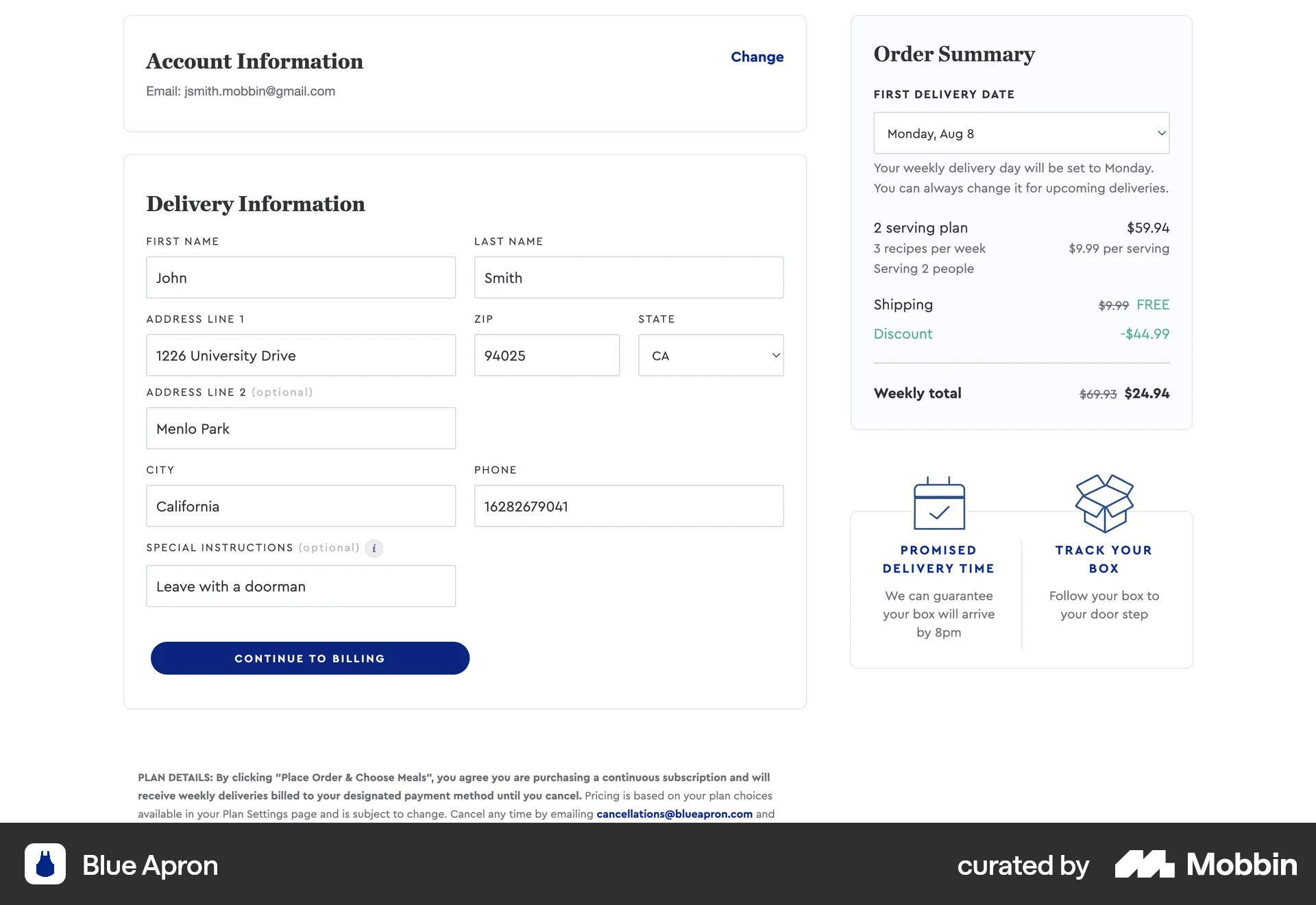 Blue Apron Web Checkout screen