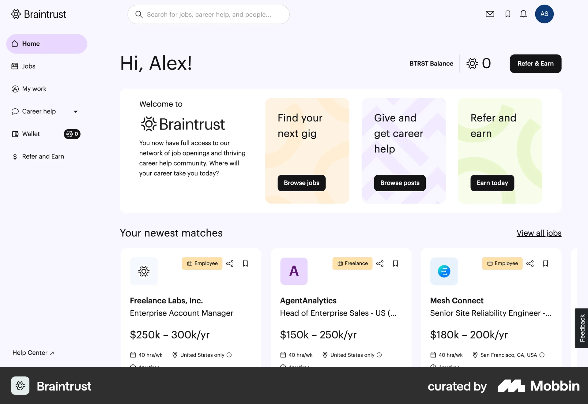 Braintrust Web Home screen