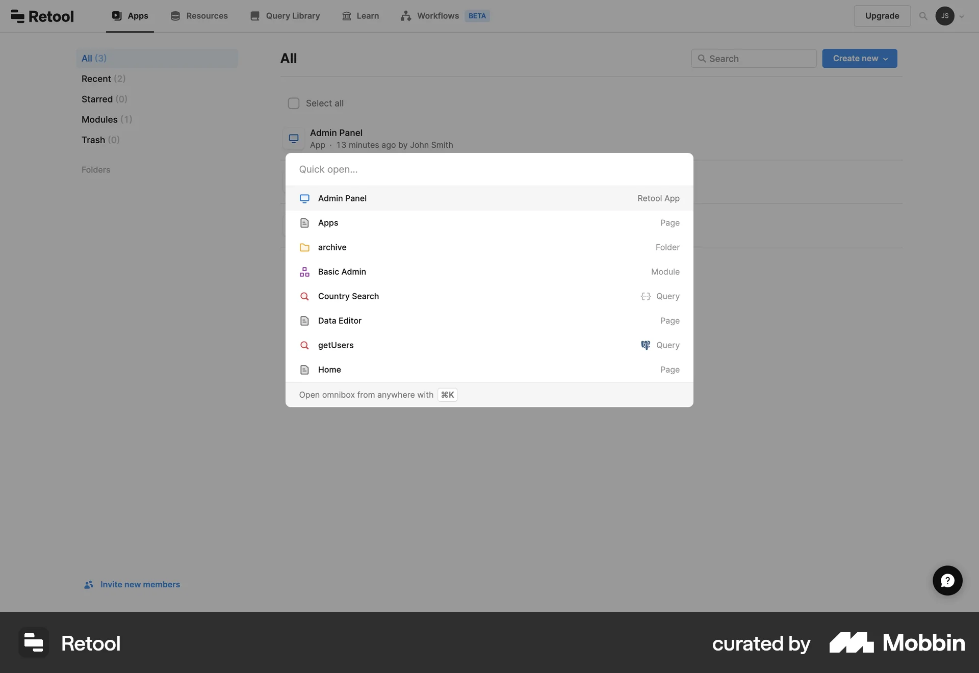Retool Web Command Palette screen
