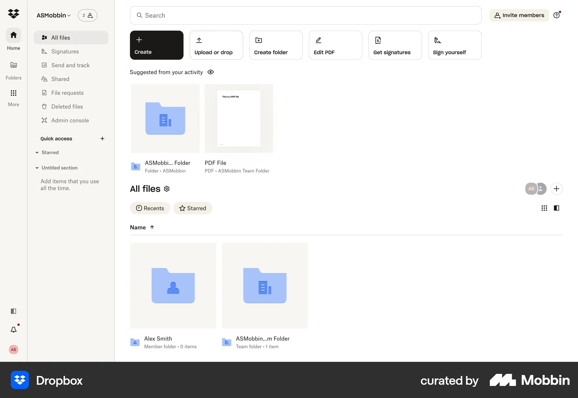 Dropbox Web Home screen