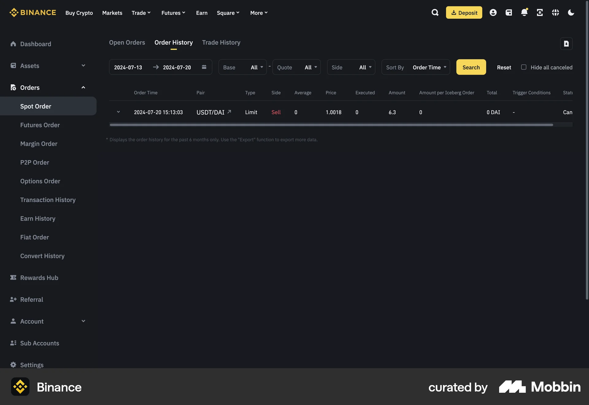 Binance Web Order History screen