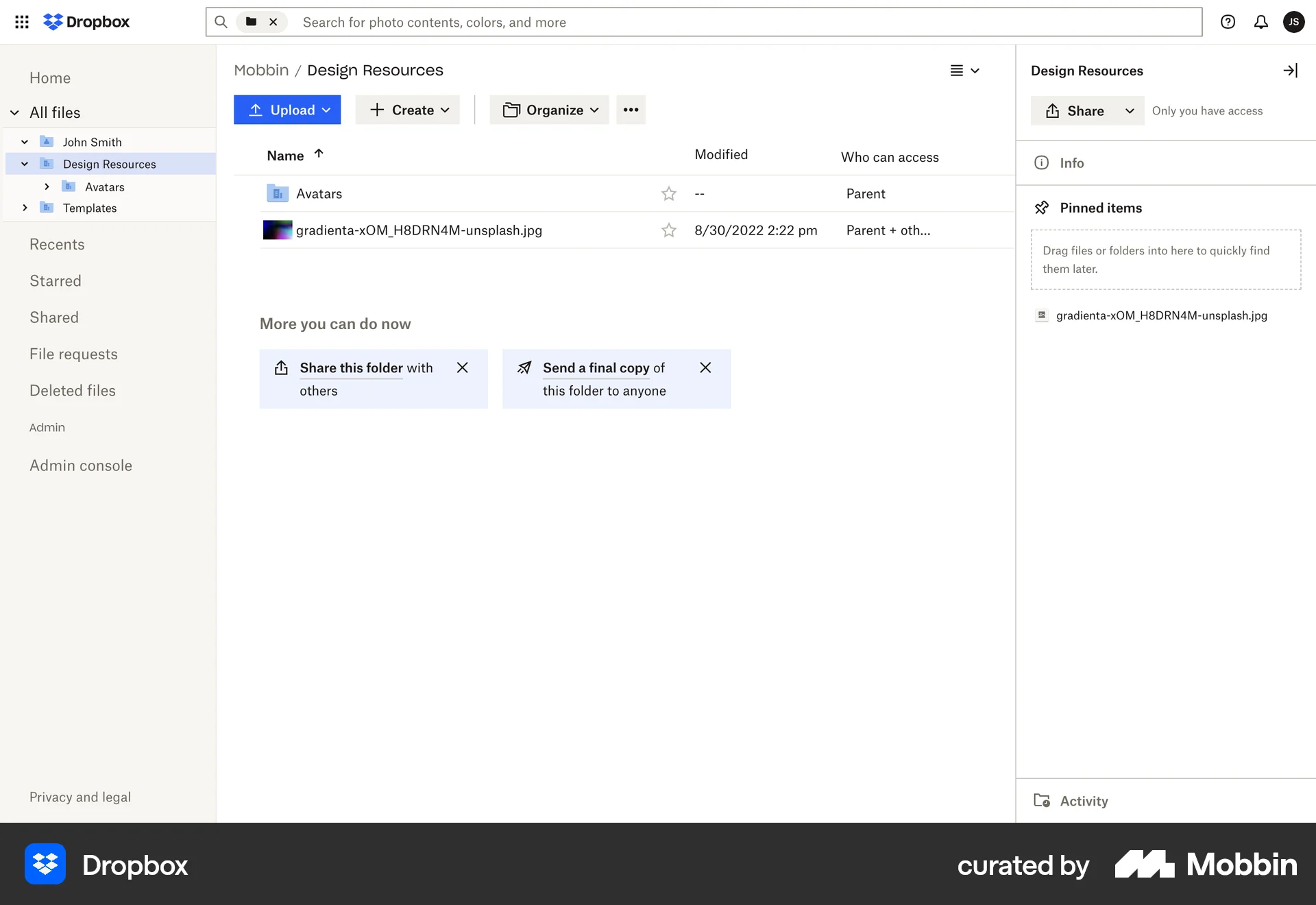 Dropbox Web Favorite & Pin screen