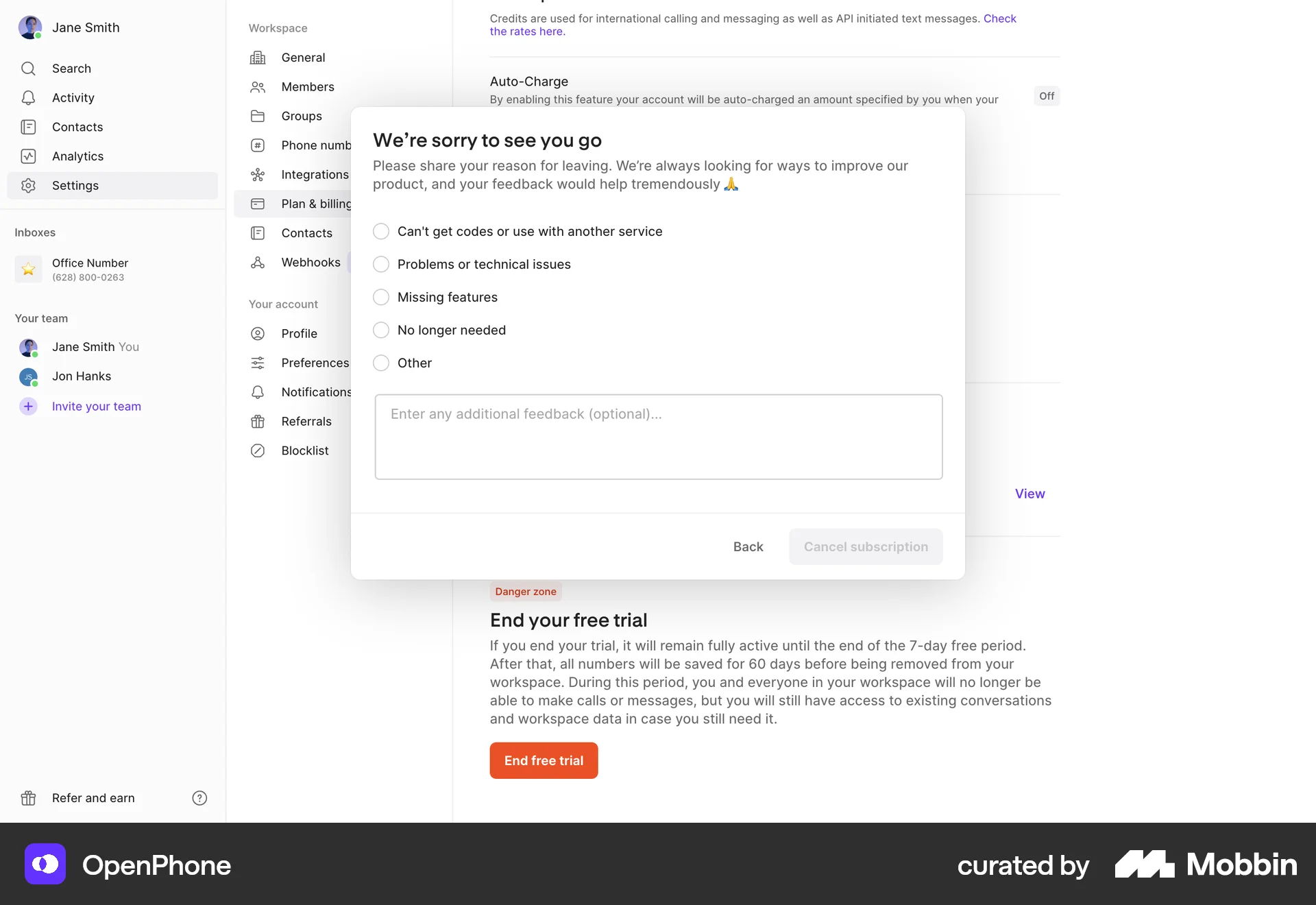 OpenPhone Web Cancel screen