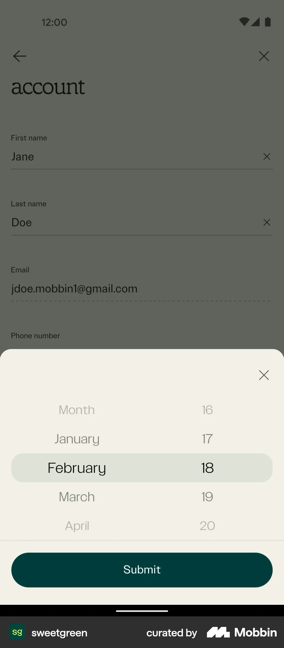sweetgreen Android screen containing Date Picker UI element